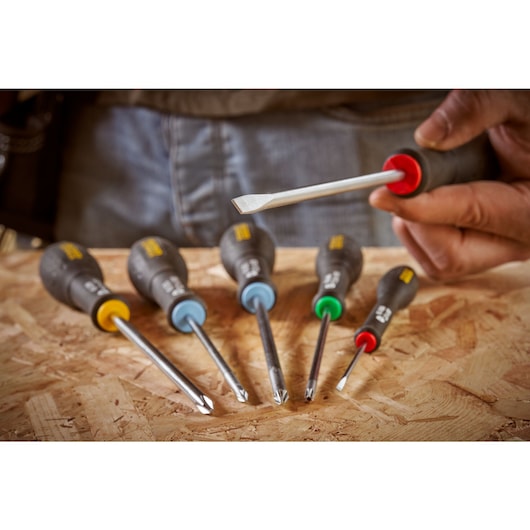 STANLEY® FATMAX® Slotted Flared 6.5 x 150mm Screwdriver Application Action Shot Hand/Person